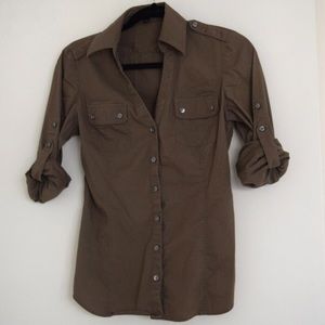 Express Army Green 3/4 Roll Up Sleeve Button Down